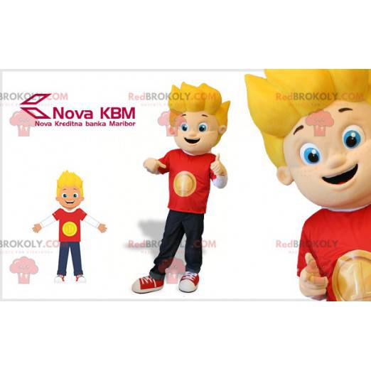 Mascot blond boy with blue eyes dressed in red - Redbrokoly.com