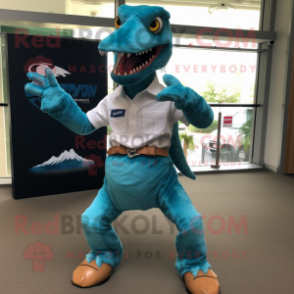 Turquoise Utahraptor mascot costume character dressed with a Oxford Shirt and Foot pads