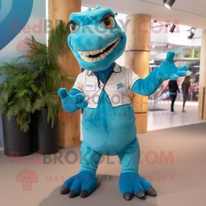 Turquoise Utahraptor mascot costume character dressed with a Oxford Shirt and Foot pads