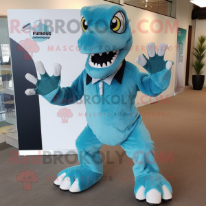 Turquoise Utahraptor mascot costume character dressed with a Oxford Shirt and Foot pads