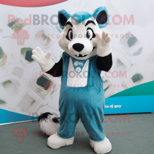 Cyan Badger mascot costume character dressed with a Overalls and Lapel pins