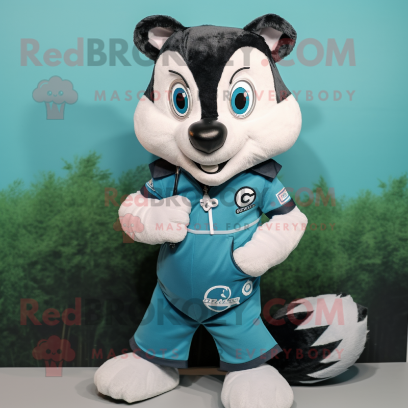 Cyan Badger mascot costume character dressed with a Overalls and Lapel pins