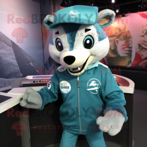 Cyan Badger mascot costume character dressed with a Overalls and Lapel pins