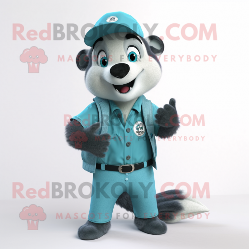 Cyan Badger mascot costume character dressed with a Overalls and Lapel pins Cyan Badger mascot costume character dressed with a Overalls and Lapel pins