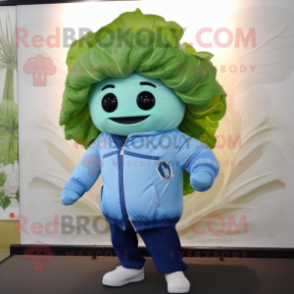 Sky Blue Cabbage Leaf mascot costume character dressed with a Bomber Jacket and Beanies
