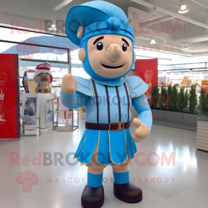 Sky Blue Roman Soldier mascot costume character dressed with a Henley Shirt and Bow ties