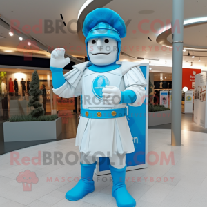 Sky Blue Roman Soldier mascot costume character dressed with a Henley Shirt and Bow ties