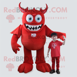 Red Demon mascot costume character dressed with a Mom Jeans and Brooches