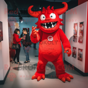 Red Demon mascot costume character dressed with a Mom Jeans and Brooches