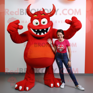 Red Demon mascot costume character dressed with a Mom Jeans and Brooches