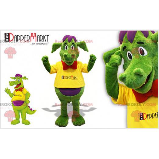 Mascotte drago verde e viola con un farfallino - Redbrokoly.com