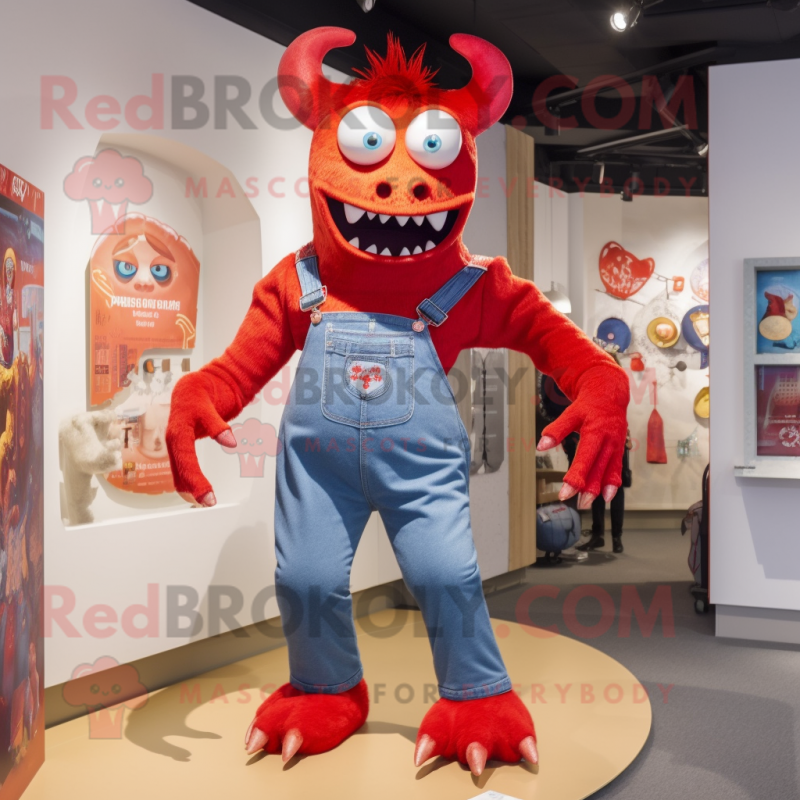 Red Demon mascot costume character dressed with a Mom Jeans and Brooches Red Demon mascot costume character dressed with a Mom Jeans and Brooches