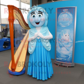 Sky Blue Celtic Harp mascot costume character dressed with a Maxi Dress and Earrings