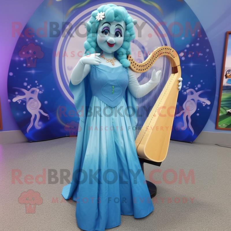 Sky Blue Celtic Harp mascot costume character dressed with a Maxi Dress and Earrings Sky Blue Celtic Harp mascot costume character dressed with a Maxi Dress and Earrings