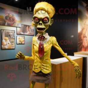 Gold Zombie mascot costume character dressed with a Pencil Skirt and Tie pins