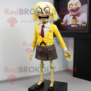 Gold Zombie mascot costume character dressed with a Pencil Skirt and Tie pins