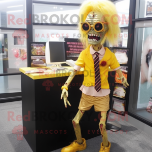 Gold Zombie mascot costume character dressed with a Pencil Skirt and Tie pins