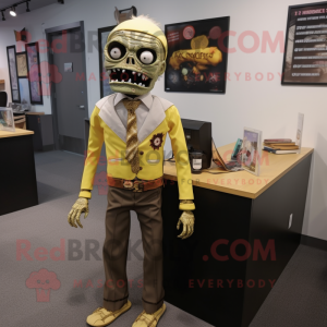 Gold Zombie mascot costume character dressed with a Pencil Skirt and Tie pins