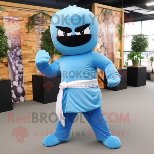 Sky Blue Ninja mascot costume character dressed with a Waistcoat and Bow ties