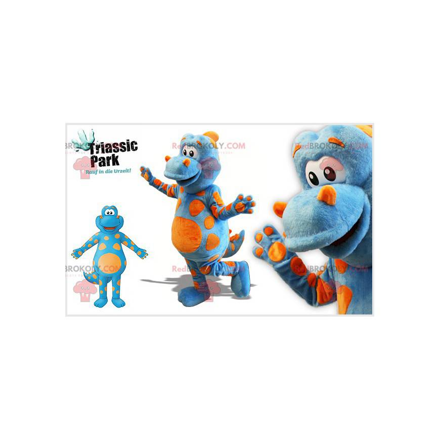 Blue dinosaur mascot with orange polka dots - Redbrokoly.com