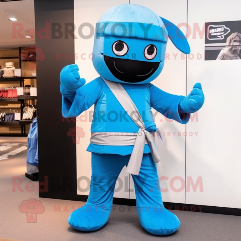 Sky Blue Ninja mascot costume character dressed with a Waistcoat and Bow ties