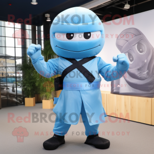 Sky Blue Ninja mascot costume character dressed with a Waistcoat and Bow ties