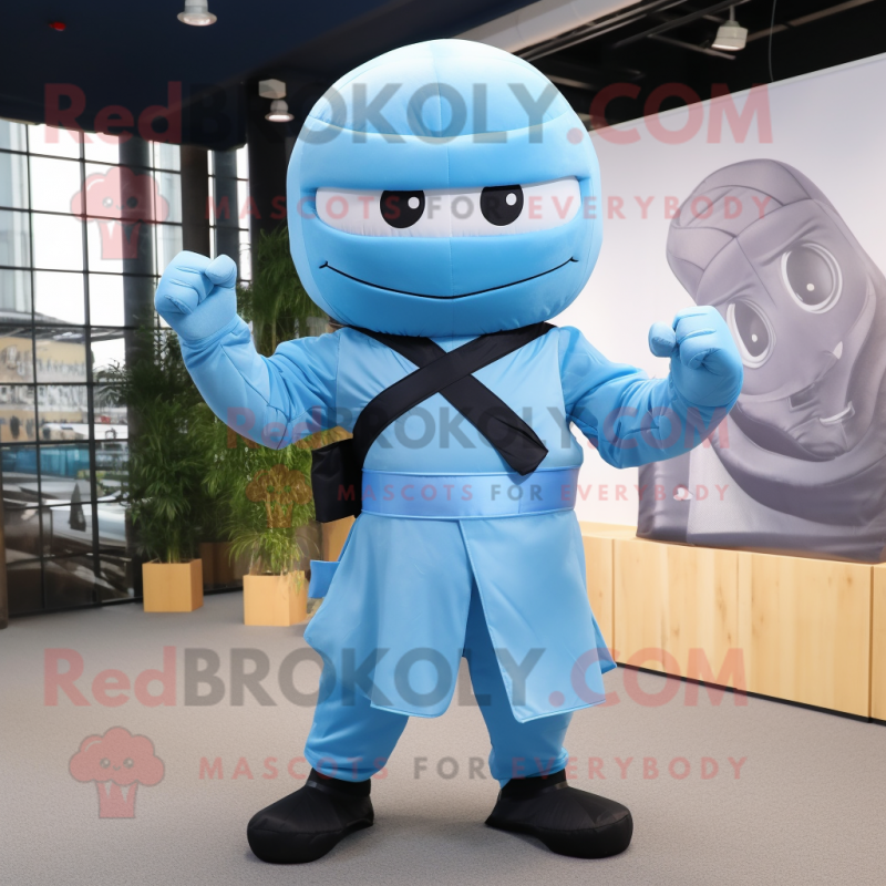 Sky Blue Ninja mascot costume character dressed with a Waistcoat and Bow ties Sky Blue Ninja mascot costume character dressed with a Waistcoat and Bow ties