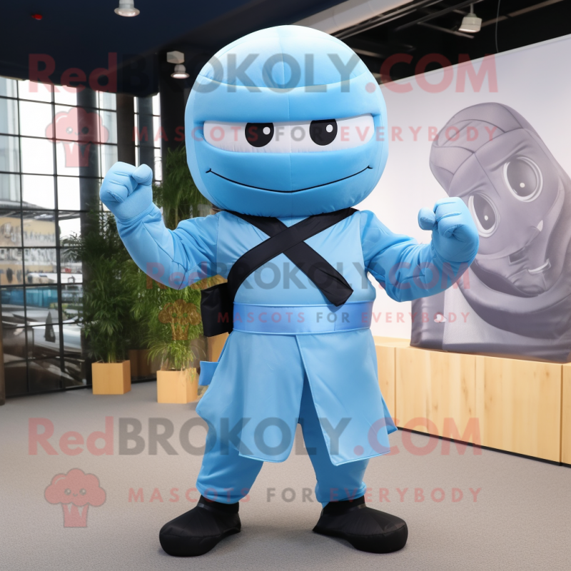 Sky Blue Ninja mascot costume character dressed with a Waistcoat and Bow ties