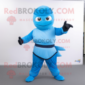 Sky Blue Ninja mascot costume character dressed with a Waistcoat and Bow ties