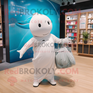 Silver Beluga Whale mascot costume character dressed with a Bikini and Tote bags