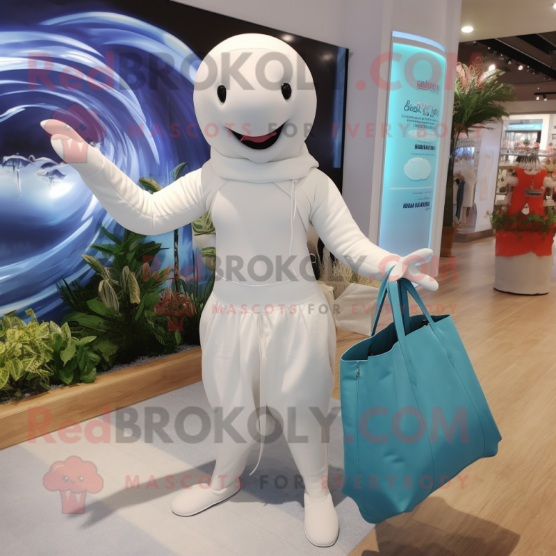 Silver Beluga Whale mascot costume character dressed with a Bikini and Tote bags Silver Beluga Whale mascot costume character dressed with a Bikini and Tote bags