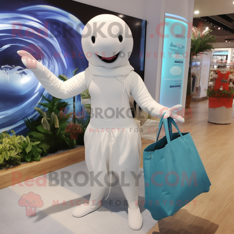 Silver Beluga Whale mascot costume character dressed with a Bikini and Tote bags