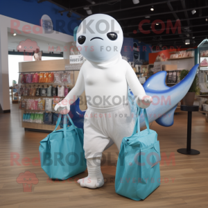 Silver Beluga Whale mascot costume character dressed with a Bikini and Tote bags