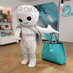 Silver Beluga Whale mascot costume character dressed with a Bikini and Tote bags