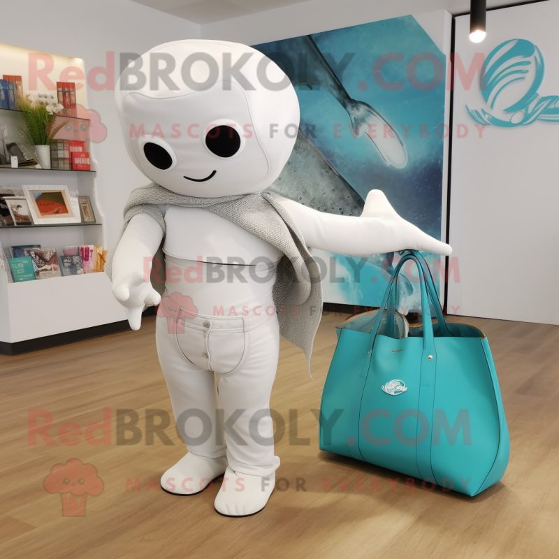 Silver Beluga Whale mascot costume character dressed with a Bikini and Tote bags Silver Beluga Whale mascot costume character dressed with a Bikini and Tote bags