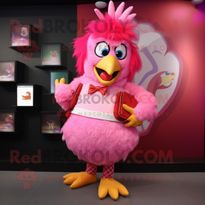 Pink Roosters mascot costume character dressed with a Pencil Skirt and Mittens