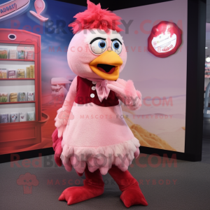 Pink Roosters mascot costume character dressed with a Pencil Skirt and Mittens