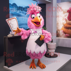 Pink Roosters mascot costume character dressed with a Pencil Skirt and Mittens