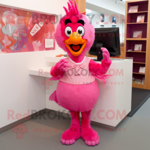 Pink Roosters mascot costume character dressed with a Pencil Skirt and Mittens