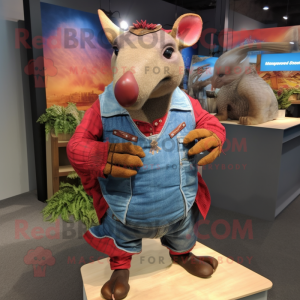 Red Armadillo mascot costume character dressed with a Denim Shirt and Shawl pins