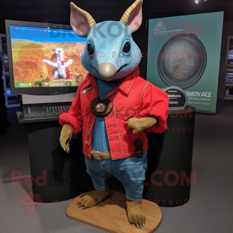 Red Armadillo mascot costume character dressed with a Denim Shirt and Shawl pins