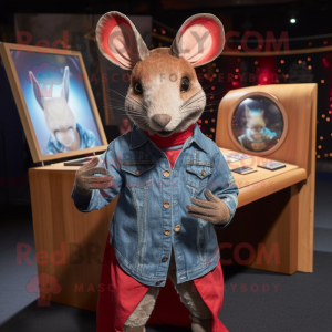 Red Armadillo mascot costume character dressed with a Denim Shirt and Shawl pins