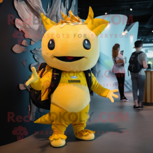 Yellow Axolotls mascot costume character dressed with a Bodysuit and Backpacks