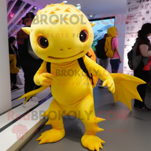 Yellow Axolotls mascot costume character dressed with a Bodysuit and Backpacks