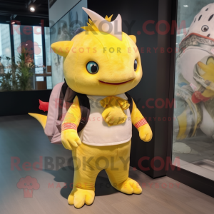 Yellow Axolotls mascot costume character dressed with a Bodysuit and Backpacks