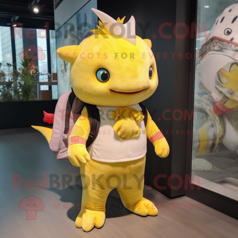 Yellow Axolotls mascot costume character dressed with a Bodysuit and Backpacks Yellow Axolotls mascot costume character dressed with a Bodysuit and Backpacks