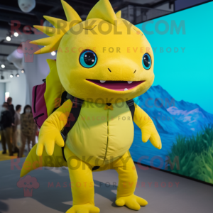 Yellow Axolotls mascot costume character dressed with a Bodysuit and Backpacks