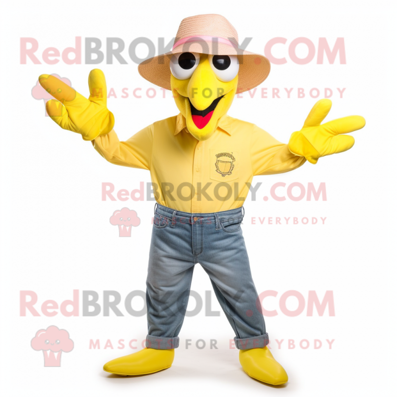 Lemon Yellow Flamingo mascot costume character dressed with a Jeans and Hats Lemon Yellow Flamingo mascot costume character dressed with a Jeans and Hats