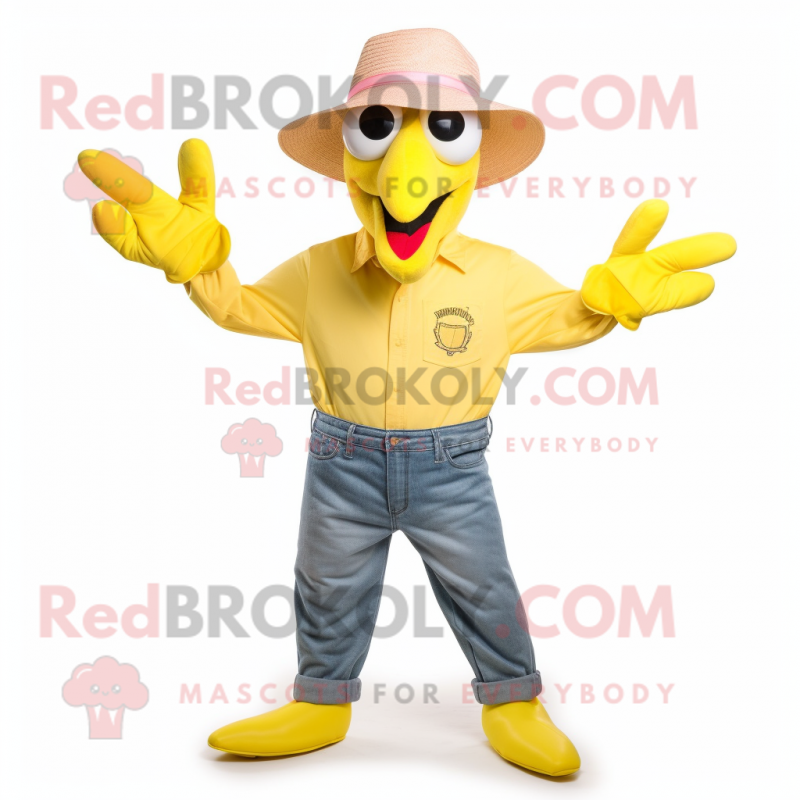 Lemon Yellow Flamingo mascot costume character dressed with a Jeans and Hats