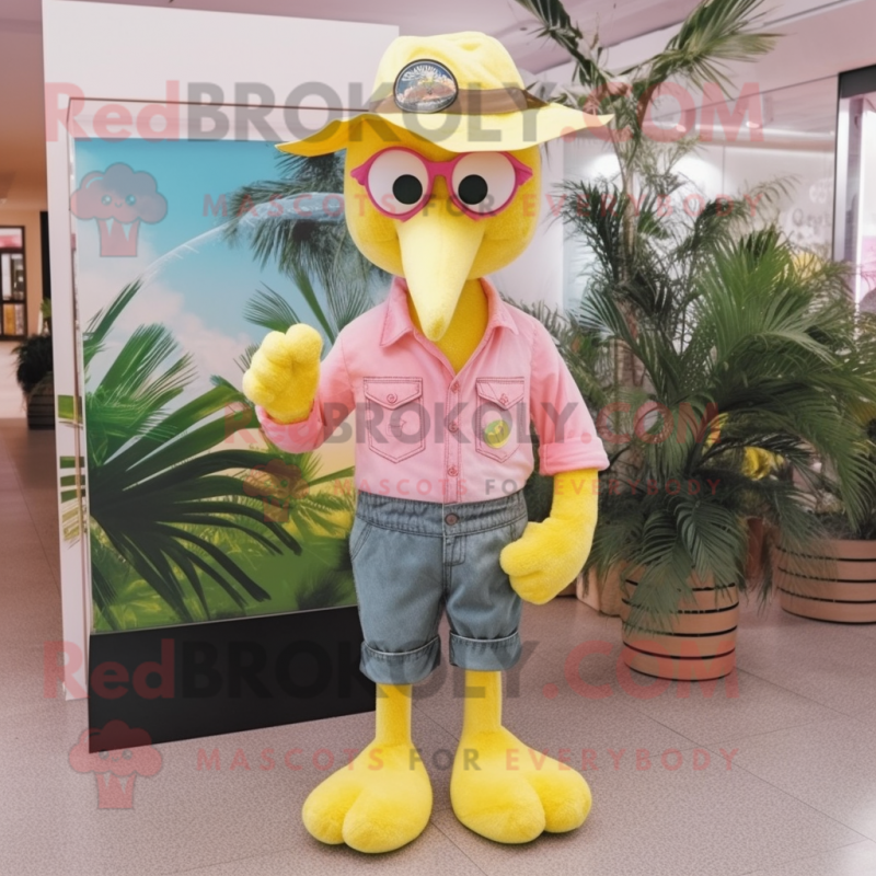 Lemon Yellow Flamingo mascot costume character dressed with a Jeans and Hats